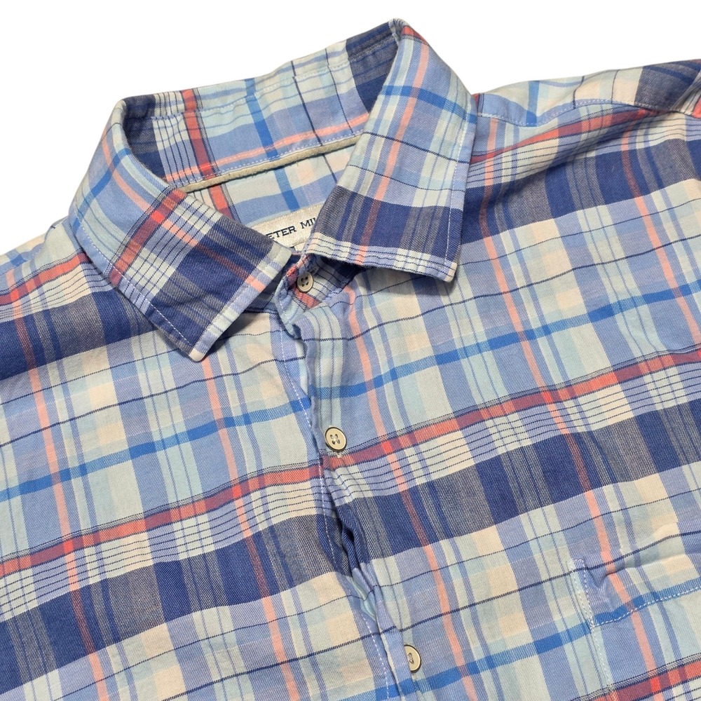 Peter Millar Blue Plaid Short Sleeve Button Up Shirt Mens Size‎ L